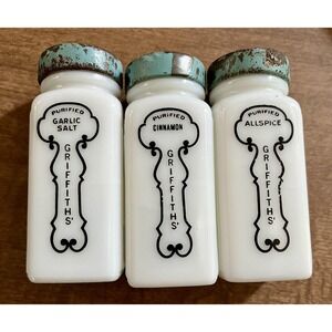 Vintage Griffiths Milk Glass Spice Jars Set of 3 Garlic Salt Cinnamon Allspice